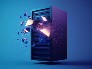 Floating server rack with one server shattered, glowing data pouring into the air, server breach, data loss