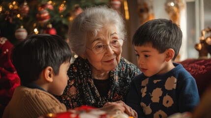 Close-up portrait of a grandmother with her two young grandsons. They are smiling and looking at the camera. The family is enjoying each other's company.