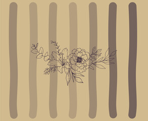 Abstract line art flower arrangement with a stripy background ina  vintage colour