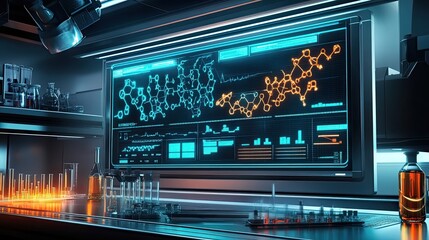Poster - Futuristic Laboratory with Molecular Structures and Data Displayed on a Screen