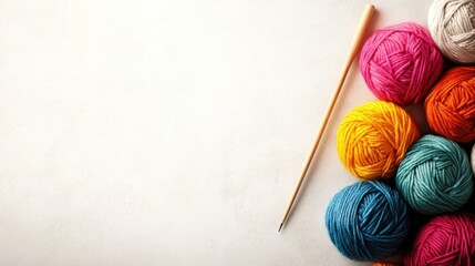 Fototapete - Colorful Yarn Balls and Knitting Needle on White Surface