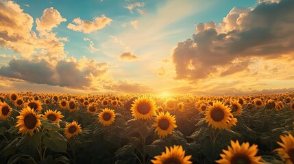 Canvas Print - Sunset Over a Field of Sunflowers