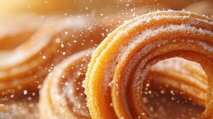 Churros dusted with sugar, food sweet and delicious, bakery snack or dessert pastry