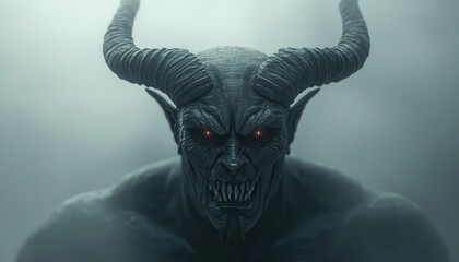 Dark, shadowy devil lurking, ominous fog background, 3D illustration