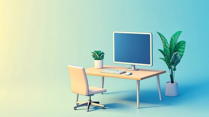 Stylish home office setup with a modern desk, computer, and plants