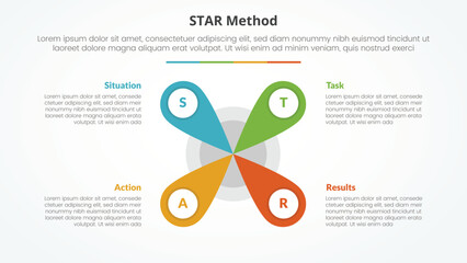 Poster - star method infographic concept for slide presentation with creative flower center shape with 4 poin