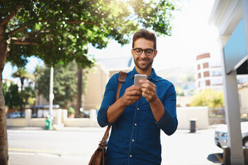 Poster - City, businessman and message with smartphone for connection, networking and chat with online contact. Outdoor, male person and mobile app with glasses for reading, scroll communication and travel
