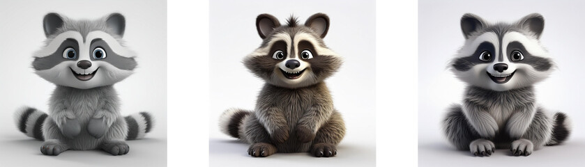 Aufkleber - Three cartoon raccoons are sitting in different color variations, isolated on white background.