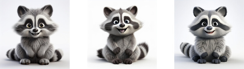 Aufkleber - Three cartoon raccoons with black eyes and black and white striped tails, sitting and smiling, isolated on white background.