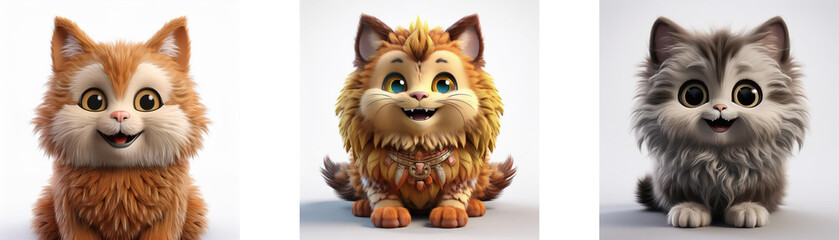 Poster - Three cartoon kittens with large eyes, fluffy fur, and smiling faces are sitting, isolated on white background.