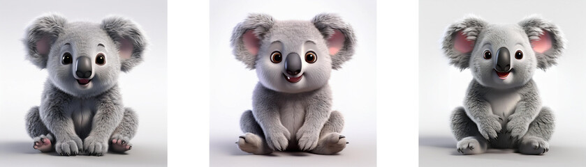 Leinwandbilder - Three cartoon koalas with big eyes and cute smiles are sitting down, isolated on a white background.