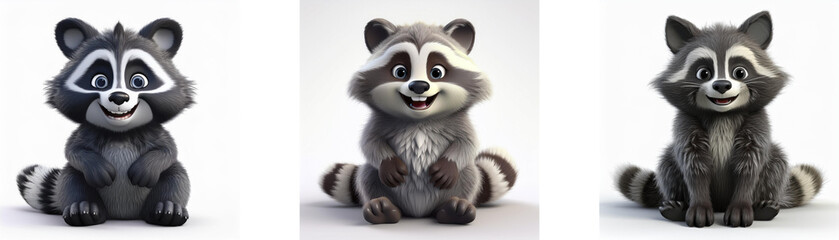 Aufkleber - Three cartoon raccoons are sitting with their paws in front of them. The raccoons have a friendly smile.  The raccoons are isolated on a white background.