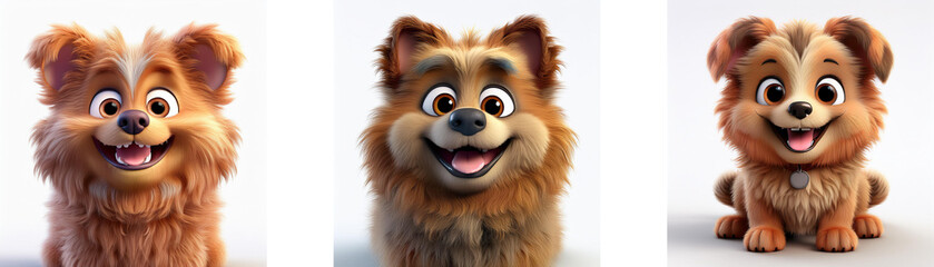 Poster - Three cartoon dogs with brown fur and happy faces are standing, looking at the camera, isolated on white background.