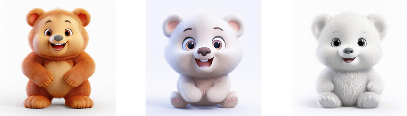Poster - Three cartoon bears, one brown, one white, and one gray, are smiling and sitting isolated on white background.