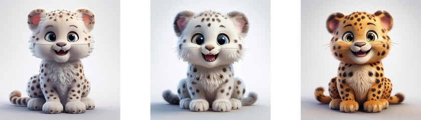 Poster - Three cartoon baby leopards in different color variations sitting on white background.