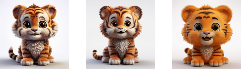 Poster - Three cartoon baby tigers are sitting, looking forward with big eyes. Each tiger has a different color tone with the same design. They are isolated on a white background.