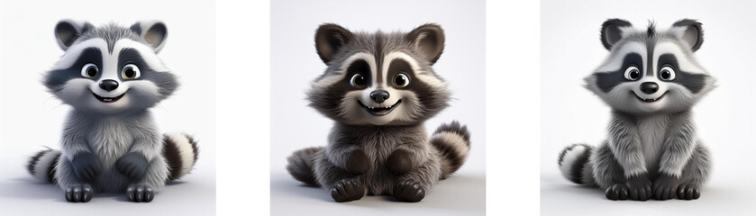 Aufkleber - Three cartoon raccoons, sitting and smiling, isolated on white background.