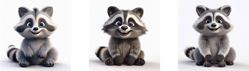 Aufkleber - Three cartoon raccoons sitting with a smiling expression, isolated on white background.