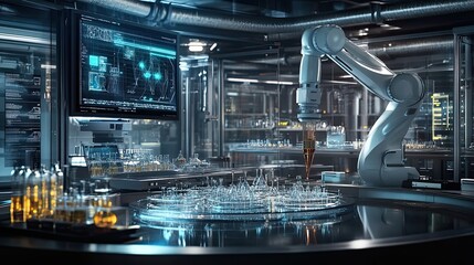 Poster - Automated robotic arm dispensing liquid into beakers in a futuristic laboratory