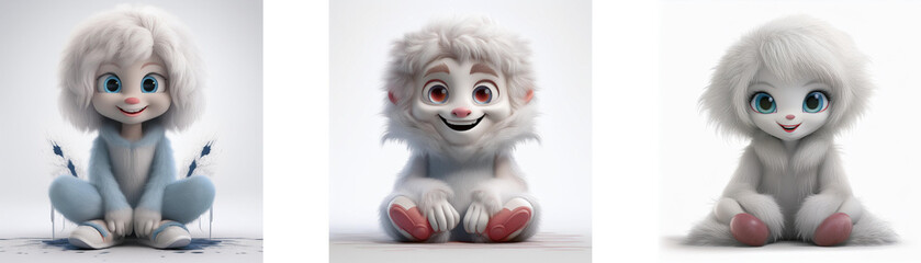 Aufkleber - Three cartoon characters with fluffy white hair, smiling, and sitting on the floor, isolated on a white background.
