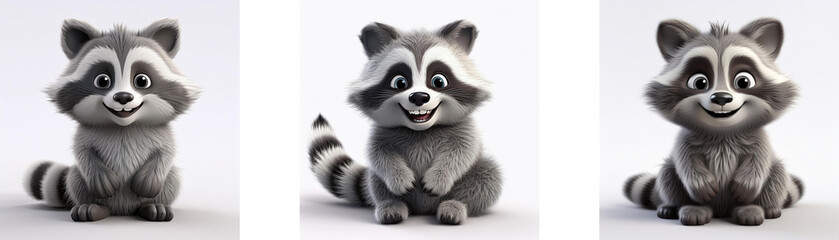 Aufkleber - Three cartoon raccoons sitting down and smiling, isolated on white background.