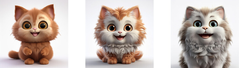 Aufkleber - Three cartoon cats with large eyes,  smiling and sitting on a white background.