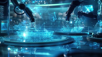 Poster - Robotic Arms Pouring Liquid Into Transparent Bowls in a Futuristic Laboratory Setting