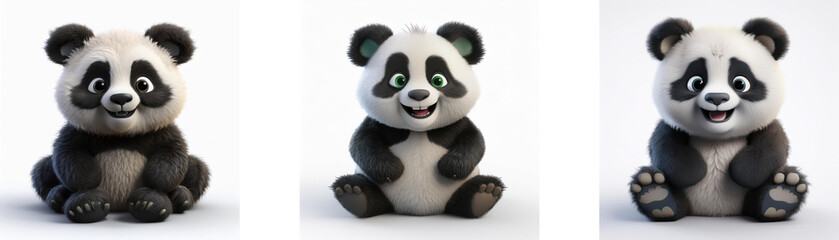 Poster - Three cartoon pandas are sitting and smiling, isolated on a white background.