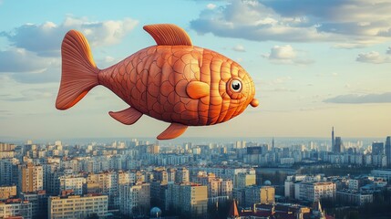 Wall Mural - Cartoon Fish Hot Air Balloon Flying Over a City