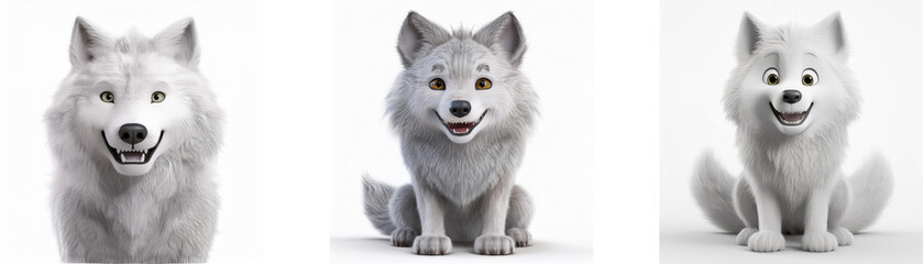 Poster - Three cartoon wolves sitting and smiling, isolated on white background.