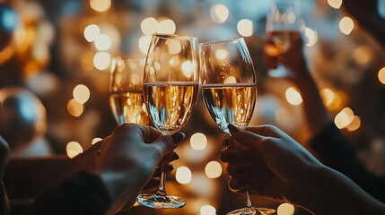 A group of people are toasting with wine glasses, with the image being blurry