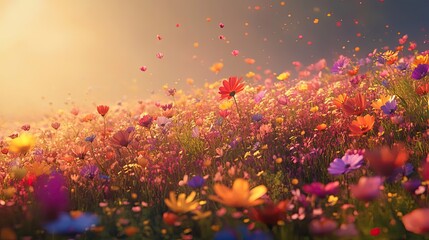 Canvas Print - A Field of Colorful Flowers with Falling Petals in the Golden Hour