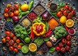 © Wanlop - Quincunx food arrangement presents a culinary spectacle, showcasing fresh ingredients artistically arranged for stunning food photography and a delightful visual experience.