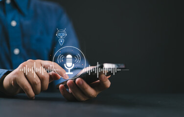 Aufkleber - Voice Recording and Use AI Enabled Internet Search for Easy Access to Information. Businessman using smartphone with voice icon on virtual screen for conversation with AI chatbot.