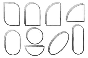 Poster - Pixel pattern frames. Bitmap arch windows on white background. Noisy arcade game gradient arc. Dotted dither vector graphic elements. Geometric halftone abstract border.