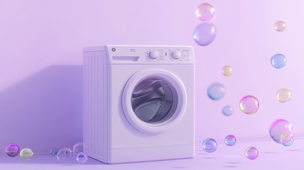 Interior with washing machine and soap bubbles,Vector realistic automatic washing machine with a front loading with blue soup bubbles,Realistic vector illustration,Home appliance concept.