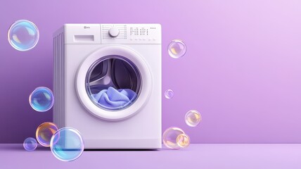 Interior with washing machine and soap bubbles,Vector realistic automatic washing machine with a front loading with blue soup bubbles,Realistic vector illustration,Home appliance concept.