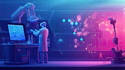 Poster - Scientist in a Lab with Robotic Arms and Digital Displays