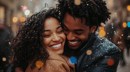 A couple is hugging and smiling in the snow