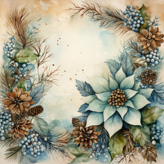 Poster - watercolor winter flowers and greenery such as poinsettia and pine cones, in green, blue, brown and white colors, frame, on old scrapbook paper, with grunge edges, background 