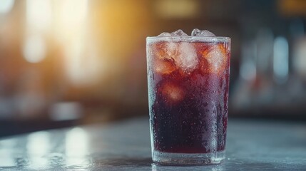 Cold Refreshing Drink in Glass with Ice on Bar Counter