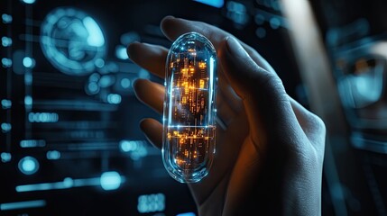 Poster - Hand Holding a Transparent Capsule Containing Luminous Circuitry