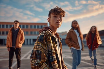 Portrait of a teenage boy in a checkered plaid shirt with his friends in the background