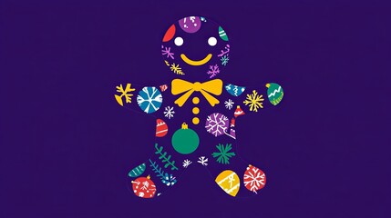 A cheerful Christmas gingerbread man silhouette adorned with colorful ornaments, bows, and pine branches against a rich purple background, ideal for festive designs and greeting cards