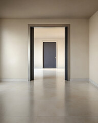 Minimalist interior hallway view featuring light tones and contrasting doors in a spacious layout