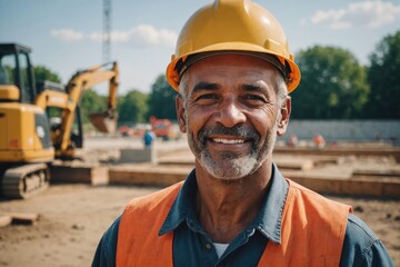 Close portrait of a smiling senior Monacan man construction worker looking at the camera, Monacan outdoors construction site blurred background