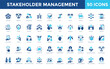 © Gravisio - Stakeholder Management icon set with stakeholder, engagement, communication, collaboration, relationship, trust, influence, feedback, mapping, prioritization icon. Simple flat vector