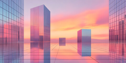 Wall Mural - Cityscape Serenity:  A serene and ethereal cityscape basks in the glow of a breathtaking sunset, casting reflections on the polished city streets.