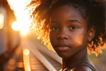 A young girl with curly hair is standing in front of a train track