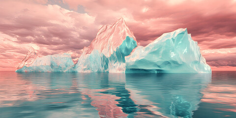 Wall Mural - Iceberg Serenity: A breathtaking panorama of majestic icebergs bathed in the ethereal glow of a pink sunset, casting a surreal reflection on the calm waters.